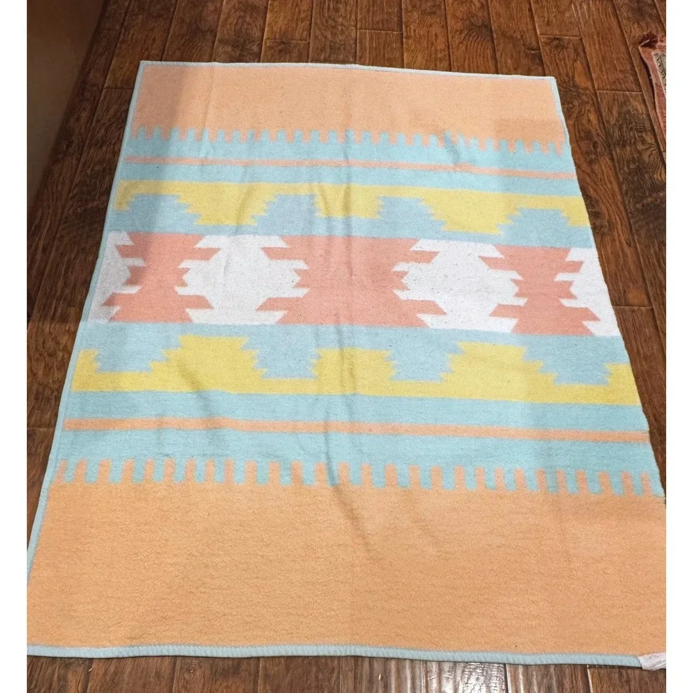 Biederlack Throw Blanket Peach Aqua Southwest Vintage USA 56x76 Western Boho 90s